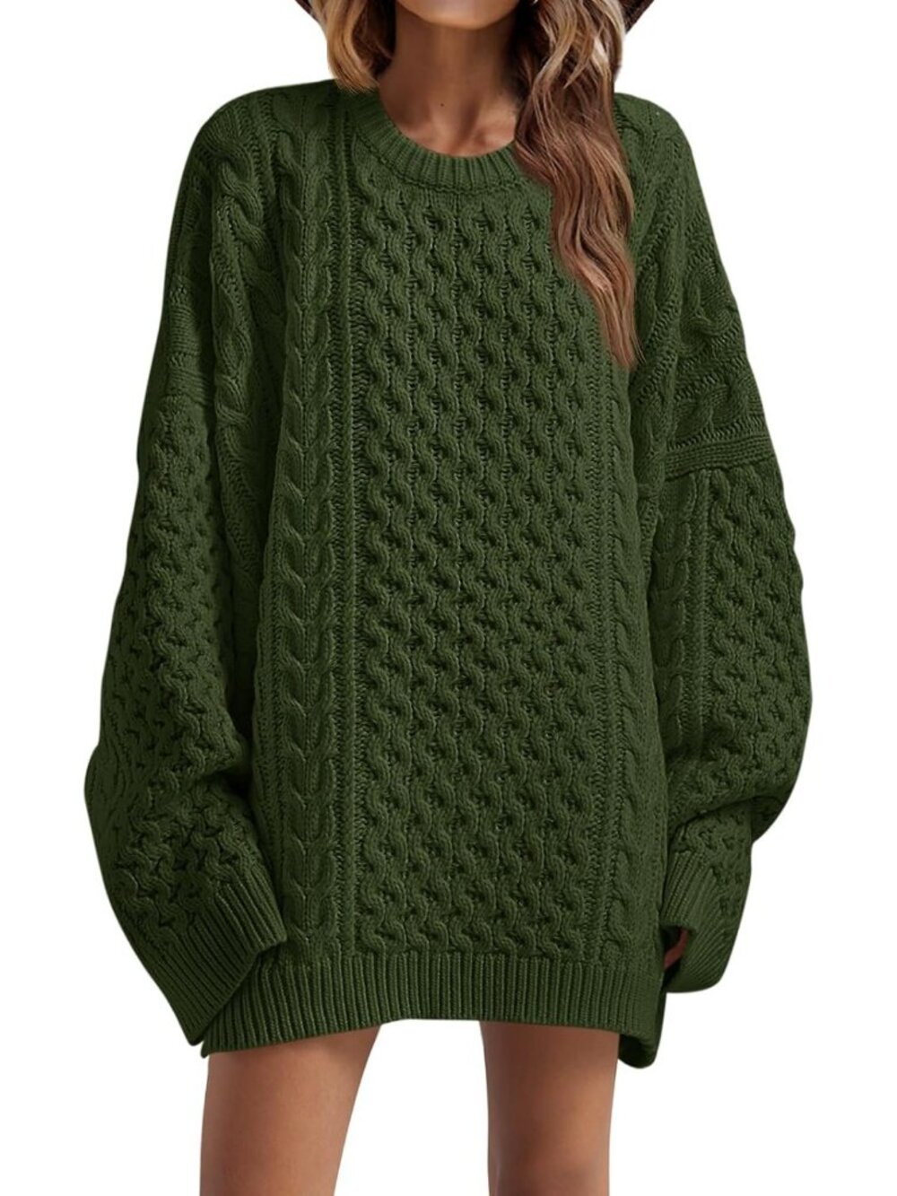 Women's Army Green Oversized Sweaters Chunky Cable Knit Tunic Long Sweater
